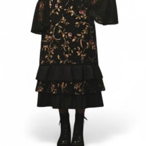 AB Studio Vintage Floral Midi Skirt | Tiered Ruffle Hem Black & Purple